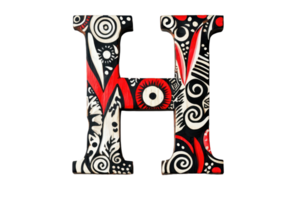A colorful, artistic letter H featuring intricate patterns in red, black, and white. png