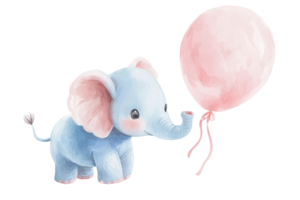 A cute, blue elephant gently holds a pink balloon with its trunk, showcasing a playful and whimsical scene. png