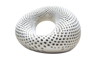 A modern, sculptural object featuring a smooth, perforated design with a central opening, showcasing fluid shapes and intricate patterns. png