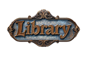 A decorative sign prominently displaying the word Library with ornate details and a textured background. png