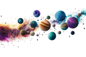A colorful arrangement of various planets, featuring distinct textures and shades, set against a cosmic backdrop. png