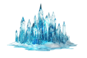 A majestic crystal ice castle with towering spires and intricate formations, illuminated with a beautiful blue hue. png