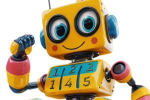 A colorful toy robot with a friendly face, buttons for numbers, and poses energetically, embodying a playful design and engaging personality. png