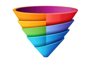 A colorful, multi-layered funnel gradually narrows towards the bottom, showcasing vibrant hues in a distinctive shape. png