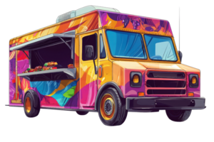 A vibrant food truck with bold colors, featuring an open serving window and a playful design, ideal for street food enthusiasts. png