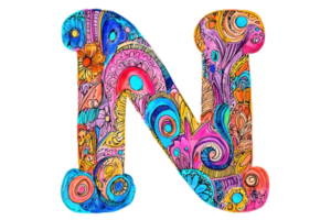 A colorful, intricately designed letter N featuring vibrant patterns and swirling motifs. png
