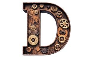 A decorative letter 'D' adorned with various gears and mechanical elements, showcasing a steampunk aesthetic. png