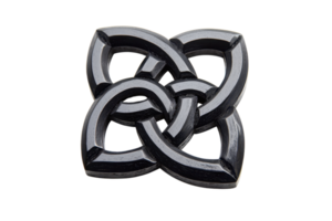 A three-dimensional, intricately designed motif consisting of interlinked shapes, showcasing a glossy black finish. png