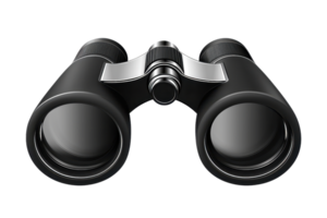 A sleek pair of black binoculars featuring large lenses and a central focus mechanism. png