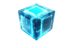 A glowing blue cube with a futuristic design, featuring intricate patterns and a luminous appearance. png