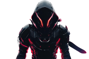 A darkly armored figure with glowing red accents and a sleek, futuristic design, embodying a mysterious and powerful presence. png