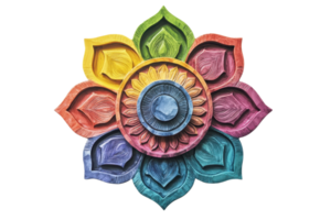 A colorful mandala design featuring layered lotus shapes in a circular arrangement with intricate patterns and a central gem-like element. png