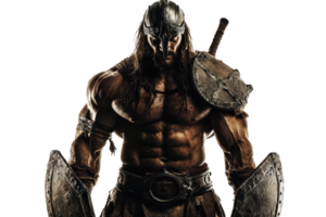 A muscular warrior, clad in armor, wields shields and has long hair, conveying strength and battle readiness. png