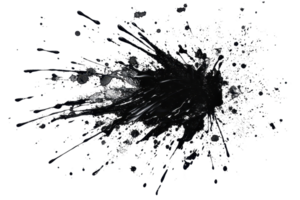 A dynamic explosion of black liquid splatter radiates outward with various droplets creating an energetic and chaotic appearance. png