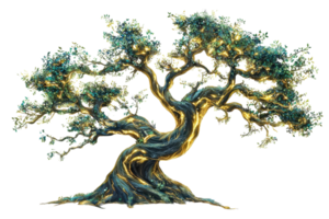 A majestic, twisting tree with vibrant foliage, displaying a rich texture and intricate branches, exuding an enchanting presence. png