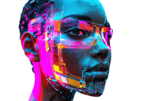 A futuristic human face with vibrant neon patterns and digital elements overlaying the skin, showcasing a blend of technology and identity. png