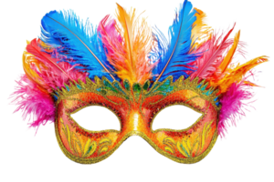 A vibrant masquerade mask adorned with colorful feathers and intricate designs, capturing the essence of festivity and celebration. png