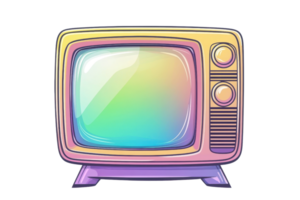 A retro-style television set featuring a vibrant, multicolored screen with dials and a classic design. png