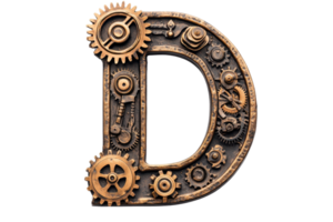 A metallic letter D adorned with intricate gears and mechanical components, showcasing a steampunk design. png