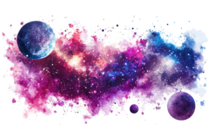 A vibrant cosmic scene featuring colorful galaxies, swirling nebulae, and several celestial spheres immersed in a star-filled expanse. png