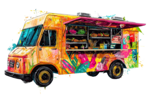 A vibrant food truck with colorful artwork and an open serving window, showcasing an array of food items. png