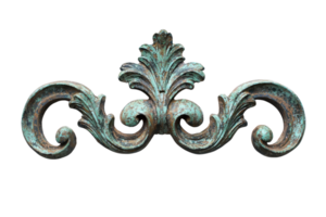 Ornate decorative element with intricate leaf and swirl patterns, featuring a weathered patina effect. png
