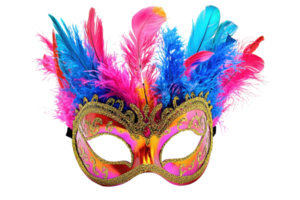 Colorful masquerade mask adorned with vibrant feathers, showcasing intricate details and an eye-catching design. png