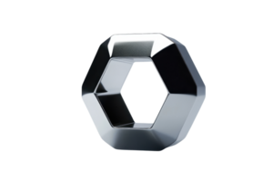 A polished, hexagonal metallic object reflecting light with smooth edges and an intriguing geometric shape. png