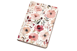 uma com estampa floral caderno características vibrante flores dentro suave cores, limite com uma sutil fecho, exibindo uma mistura do arte e praticidade. png