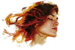 A woman with flowing red hair and a serene expression, embodying a sense of peace and freedom. png