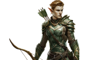 A fantasy archer in intricate green armor, wielding a bow, with pointed ears and a quiver of arrows. png