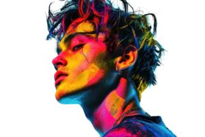 A vibrant portrait of a young man with colorful hues highlighting his features and hairstyle, creating an artistic and dynamic appearance. png