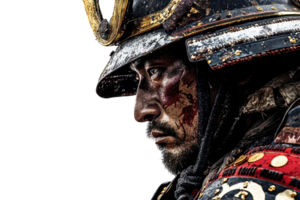 A close-up portrait of a samurai warrior in ornate armor, highlighting facial details and the intricate design of the helmet against a dark background. png