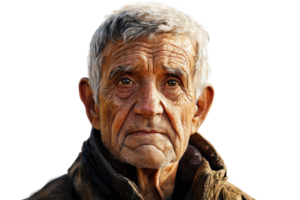 A weathered elderly man with deep facial lines and a thoughtful expression, wearing a rustic jacket. png