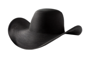 A black hat with a wide brim, exhibiting a textured surface design that adds depth to its appearance. png