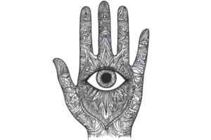 A patterned hand featuring an eye at its center, symbolizing perception and awareness. png