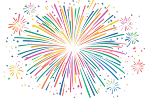 A vibrant display of multicolored fireworks bursting joyfully in various starburst patterns. png