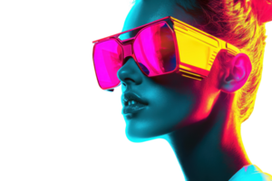 A vibrant portrait of a woman wearing bold, colorful sunglasses, creating a striking visual contrast with the dark background. png