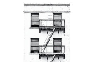 A multi-story building featuring a fire escape ladder and several windows, all depicted in a stark white color. png