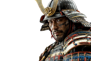 A fierce warrior in traditional samurai armor, showcasing intricate details of the helmet and facial tattoos. png