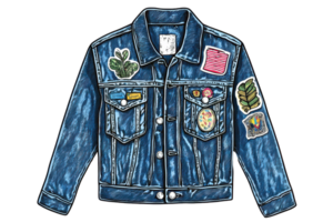 A stylish denim jacket adorned with colorful patches, featuring a classic collar and button closure. png