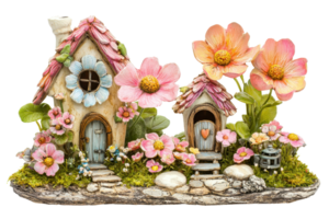 A whimsical scene featuring two charming miniature houses adorned with colorful flowers and delicate stone paths. png
