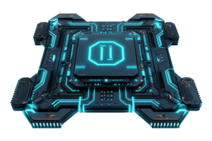 A futuristic circuit board with glowing blue elements, featuring a central processing unit design. png