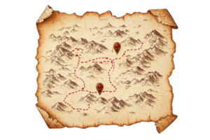 a antigo mapa apresentando montanhoso terrenos, marcado rotas, e destino pontos ilustrado com vermelho símbolos. png