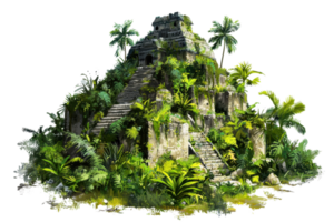 An ancient pyramid structure surrounded by lush tropical vegetation and towering palm trees. png