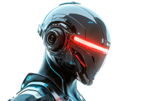 A sleek, futuristic robot head featuring glowing red eyes and intricate design elements. png