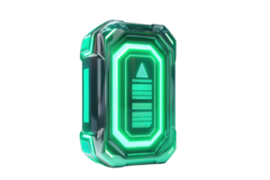 A futuristic, glowing green energy crystal shaped like a rectangular prism, featuring intricate patterns and illuminated edges. png