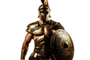 A powerful warrior adorned in ornate golden armor, holding a large shield, exuding strength and valor. png