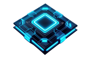 A futuristic microchip featuring glowing circuits and a central processing unit design. png