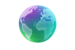 A digitally rendered globe showcasing colorful grid patterns and continents. png